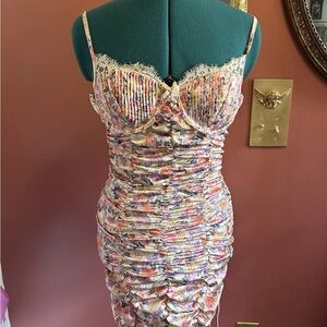 For Love & Lemons Gardenia Ruched Mini Dress Medium Pink Floral Lace